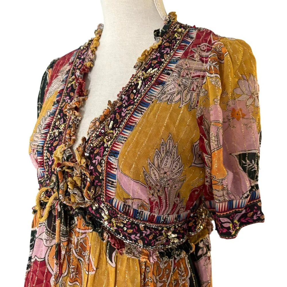 Anthropologie Beaded Shimmer Mini Dress M medium Verb metallic v-neck red yellow
